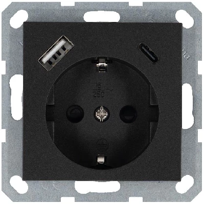 Розетка Shuko 16А с заземл. защ. шторки с 2-мя заряд. устройствами USB тип A+C 25Вт механизм антрацит Jasmart G5501USB-25B