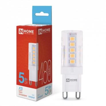 Лампа светодиодная LED-JCD 5Вт капсульная прозрачная 6500К холод. бел. G9 480лм 230В IN HOME 4690612036342