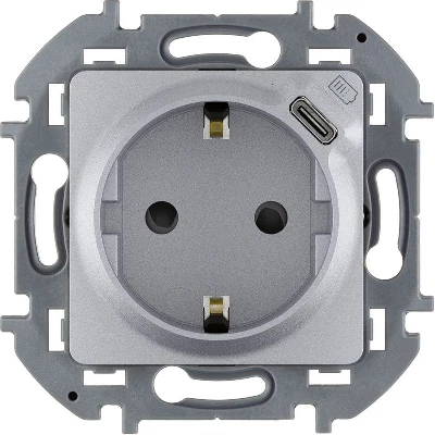 Розетка 1-м СП Inspiria 16А IP20 250В 2P+E немецк. стандарт с заряд. устр. USB тип C 1.5А 5В механизм алюм. IEK 673772