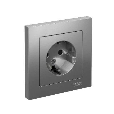 Розетка 1-м СП AtlasDesign 16А IP20 с заземл. защ. шторки в сборе сталь SE ATN000944