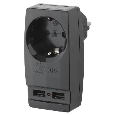 Адаптер 1-м с заземл. Polynom SP-1e-USB-B 220В 2хUSB 2100мА черн. Эра Б0026333