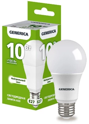Лампа светодиодная A60 10Вт грушевидная 4000К E27 230В GENERICA LL-A60-10-230-40-E27-G