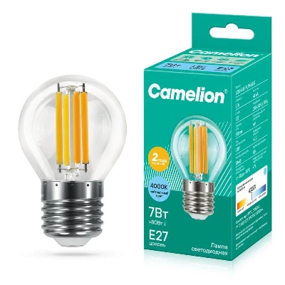 Лампа светодиодная филаментная LED7-G45-FL/845/E27 7Вт шар прозрачная 4500К бел. E27 220В Camelion 13459