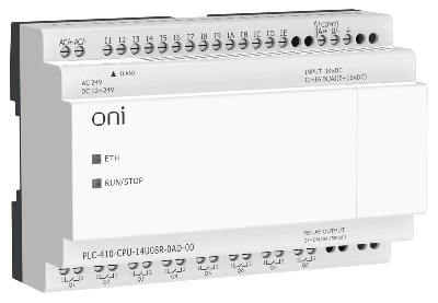 Модуль ЦПУ ПЛК 410 8 DI 6 UI (0-10В/DI) 8 RO 12В-24В DC или 24В AC с Ethernet портом без экрана ONI PLC-410-CPU-14U08R-0AD-00