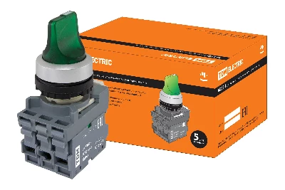 Переключатель на 3 положения с фиксацией M3SS1-21G короткая ручка(LED) d22мм/220B 1з+1р зеленый TDM