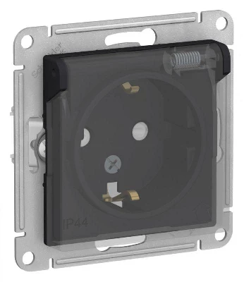 Розетка 1-м СП AtlasDesign Aqua 16А IP44 с заземл. защ. шторки с прозр. крышкой механизм карбон SE ATN441046