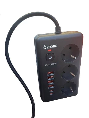 Удлинитель с сетевым фильтром 3х1.5м 10А 4USB + 2USBC 2500Вт ПВС 3х1 прямоуг. черн. КОСМОС FKsm1.5m-3gPF(B)USB