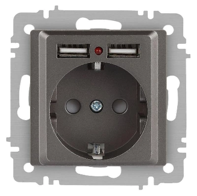 Розетка 1-м СП Accent 6-410-09 16А IP20 250В P+E Schuko + 2хUSB защ. шторки титан Intro Б0063711