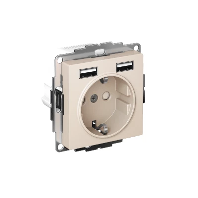 Розетка 1-м СП AtlasDesign 16А IP20 с 2-мя заряд. устройствами USB тип A+A 5В/2.4А 2х5В/1.2А механизм беж. SE ATN000230