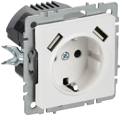 Розетка BRITE РЮш10-1-БрАБ 16А с USB A+A 2.1А с заземл. защ. шторки механизм арктич. бел. IEK BR-R14-16-U21-D21-K91