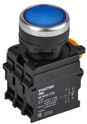 Кнопка d22мм 1НО+1НЗ MASTER с подсветкой и фиксацией син. IEK MI-BT60-11TD-3-11-K07