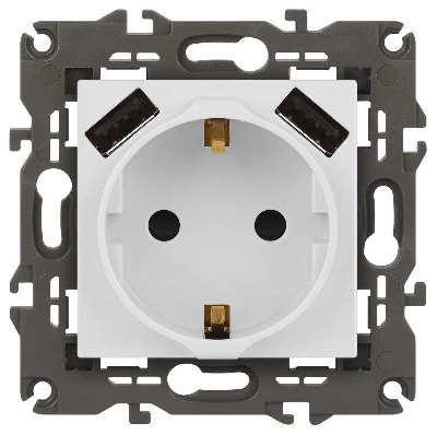 Розетка 16А 250В 2P+E с 2хUSB 5В-3А защ. шторки Elegance бел. 14-4109-01 ЭРА Б0047867