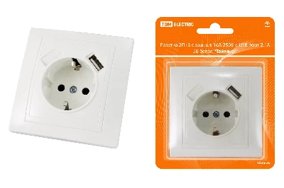 Розетка 2П+З с защ. шт. 16А 250В + USB порт 2.1А 5В белая "Таймыр" TDM