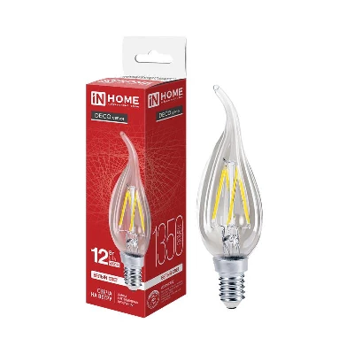 Лампа светодиодная филаментная LED-СВЕЧА НА ВЕТРУ-deco свеча на ветру прозрачная 12Вт 230В E14 4000К 1350лм IN HOME 4690612056005
