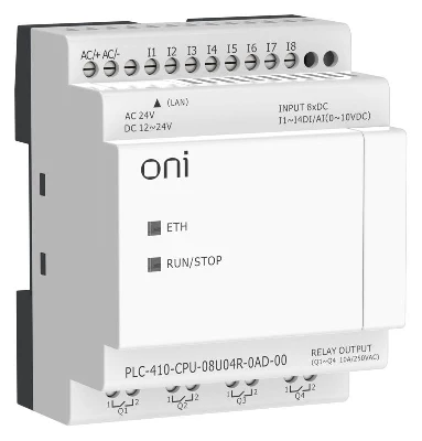 Модуль ЦПУ ПЛК 410 4 DI 4 UI (0-10 В/DI) 4 RO 12В-24В DC или 24В AC с Ethernet портом без экрана ONI PLC-410-CPU-08U04R-0AD-00