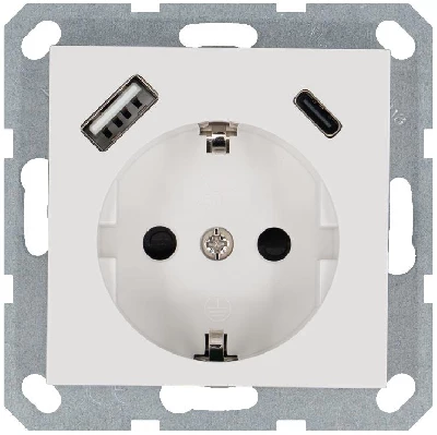 Розетка Shuko 16А с заземл. защ. шторки с 2-мя заряд. устройствами USB тип A+C 25Вт механизм бел. глянцевый Jasmart G5501USB-25W