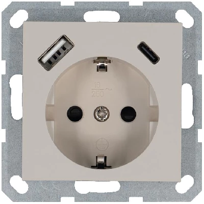 Розетка Shuko 16А с заземл. защ. шторки с 2-мя заряд. устройствами USB тип A+C 25Вт механизм тауп Jasmart G5501USB-25T