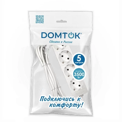 Удлинитель 4х5м с заземл. 16А IP20 3.5кВт ПВС 3х1 бел. DOMTOK 2397