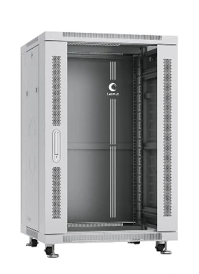 Шкаф монтажный телекоммуникационный напольный SH-05C-18U60/80 19дюйм 18U 600х800х988мм для распределит. и серверн. оборудования передн. стеклян. и задн. сплошн. метал. двери ручка с замком сер. RAL 7035 Cabeus 7048c
