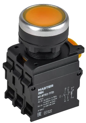 Кнопка d22мм 1НО+1НЗ MASTER с подсветкой и фиксацией желт. IEK MI-BT60-11TD-3-11-K05