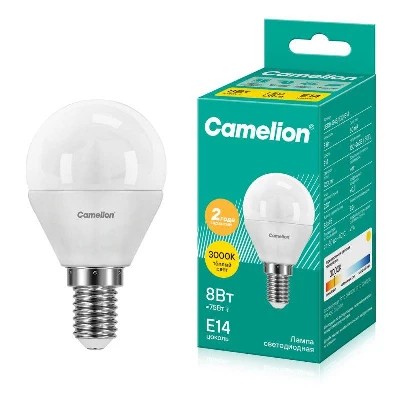 Лампа светодиодная LED8-G45/830/E14 8Вт шар 3000К тепл. бел. E14 720лм 220В Camelion 12391