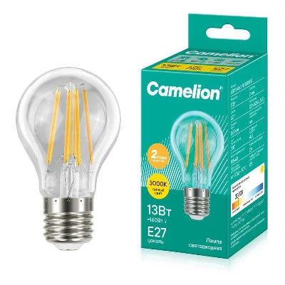 Лампа светодиодная филаментная LED13-A60-FL/830/E27 13Вт грушевидная прозрачная 3000К тепл. бел. E27 220В Camelion 13716