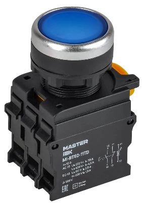 Кнопка d22мм 1НО+1НЗ MASTER с подсветкой и фиксацией син. IEK MI-BT60-11TD-3-11-K07