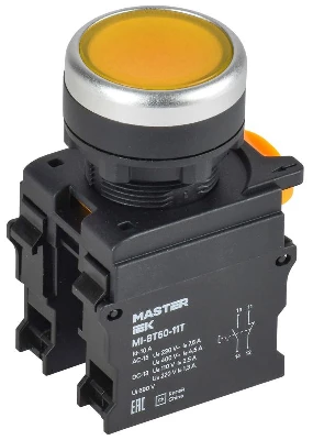 Кнопка d22мм 1НО+1НЗ MASTER с фиксацией желт. IEK MI-BT60-11T-3-21-K05
