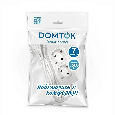 Удлинитель 2х7м с заземл. 16А IP20 3.5кВт ПВС 3х1 бел. DOMTOK 2388
