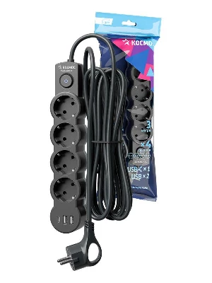 Удлинитель 4х3м с заземл. 10А IP20 USB type-Aх2 + type-C 2500Вт 220В ПВС 3х1 с выкл. черн. КОСМОС YKsm3m4g-Z-VU10А-B