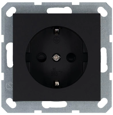 Розетка 1-м Shuko 16А IP20 с заземл. защ. шторки механизм черн. матов. soft touch Jasmart G5501PB