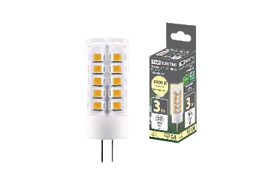 Лампа светодиодная G4-3 Вт-AC/DC 12 В-3000 К, SMD, 16х43 мм TDM