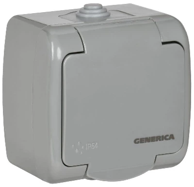 Розетка 1-м ОП AQUATIC РСш12-2-А 16А IP54 с заземл. с крышкой GENERICA ERA12-K03-16-54