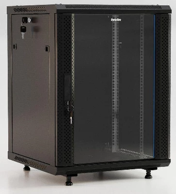 Шкаф настенный TWB-FC-1866-GP-RAL9004 19дюйм. 18U 908х600х600мм стекл. дверь с перфорацией по бокам ручка с замком с возмож. установки на ножки черн. (разобранный) Hyperline 395560