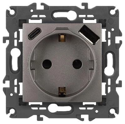 Розетка Elegance 14-4108-16 16A 250В 2P+E защ. шторки с USB type-A+C 3А 5В титан Эра Б0067695