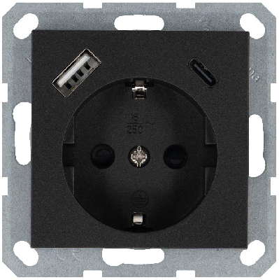 Розетка Shuko 16А с заземл. защ. шторки с 2-мя заряд. устройствами USB тип A+C 25Вт механизм антрацит Jasmart G5501USB-25B