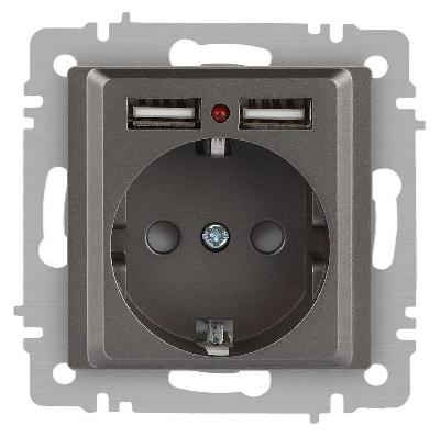 Розетка 1-м СП Accent 6-410-09 16А IP20 250В P+E Schuko + 2хUSB защ. шторки титан Intro Б0063711