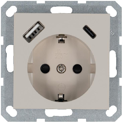 Розетка Shuko 16А с заземл. защ. шторки с 2-мя заряд. устройствами USB тип A+C 25Вт механизм тауп Jasmart G5501USB-25T