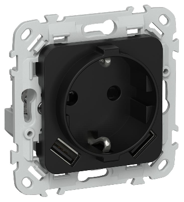 Розетка 1-м СП FLITE РСЮша11-1-ФлЧ 16А с USB A+A 3.1А с заземл. с защ. шторками безвинтовое крепление механизм черн. IEK FI-R14-16-1-U21-D31-K02